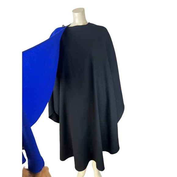 Vintage Cest Simone Black Blue Cape Cloak Coat Wool Fur Tails Trim Long Scarf - Picture 6 of 11